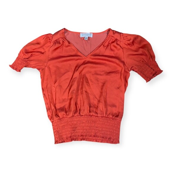 Philosophy Red Orange V Neck Puff Sleeves Ruched Waistband Blouse XS - Picture 2 of 6